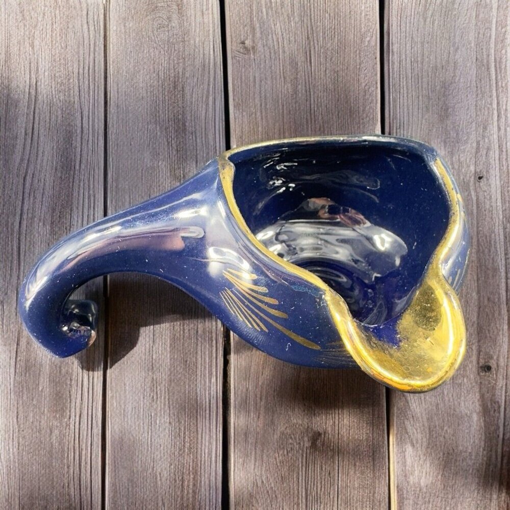 Vintage Pottery RedWare Pitcher Gravy Boat W Handle Hand Painted Cobalt Blue VTG